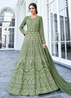 Olive Green Lucknowi Embroidered Anarkali Suit