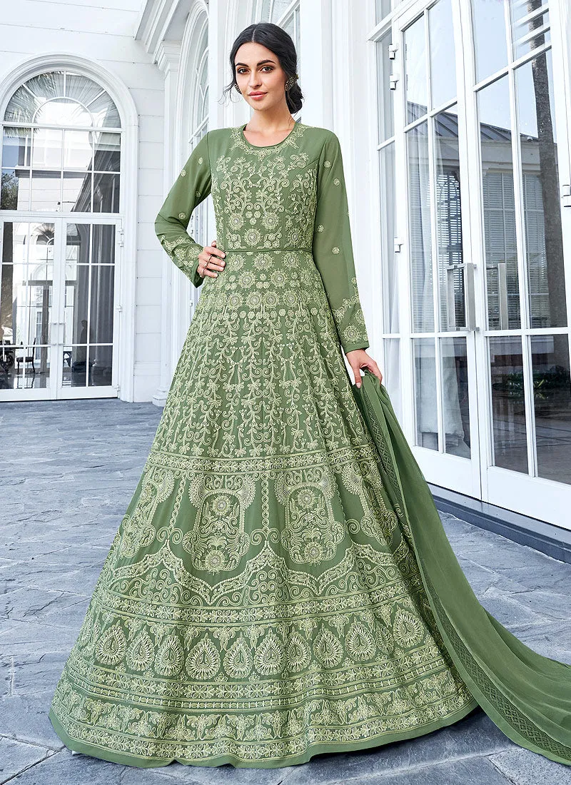 Olive Green Lucknowi Embroidered Anarkali Suit