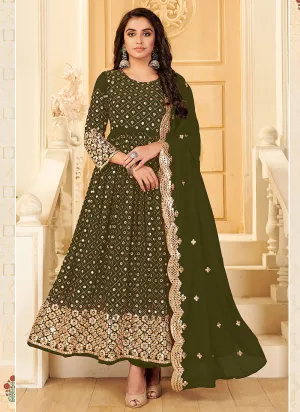 Olive Green Zari Mirror Embroidered Traditional Anarkali Suit