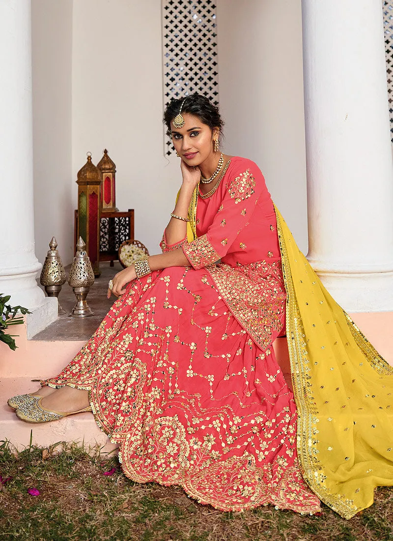 Orange And Yellow Zari Embroidered Traditional Gharara Style Suit