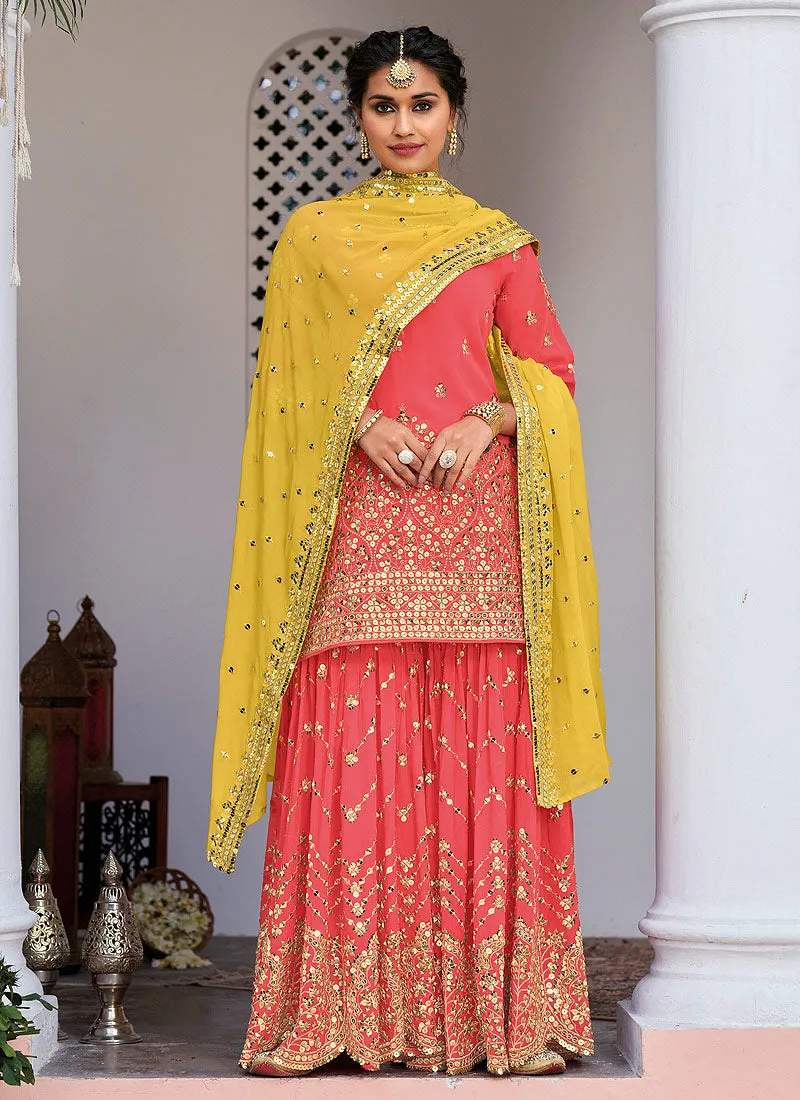 Orange And Yellow Zari Embroidered Traditional Gharara Style Suit