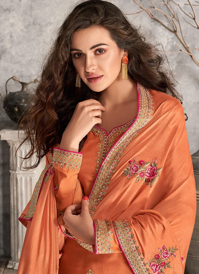 Orange Floral Embroidered Designer Palazzo Style Pant Suit