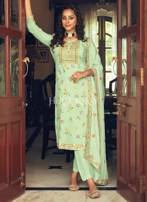 Pale Green Floral Embroidered Salwar Suit