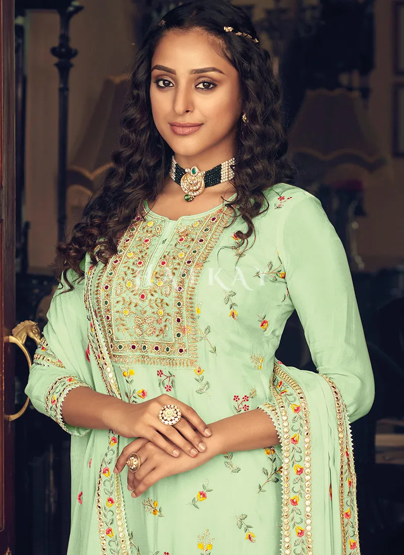 Pale Green Floral Embroidered Salwar Suit