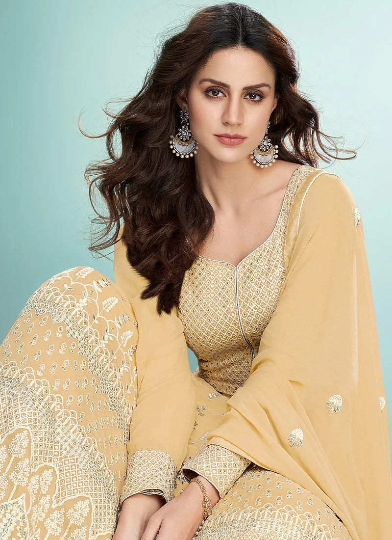 Pale Yellow Lucknowi Embroidered Anarkali Suit