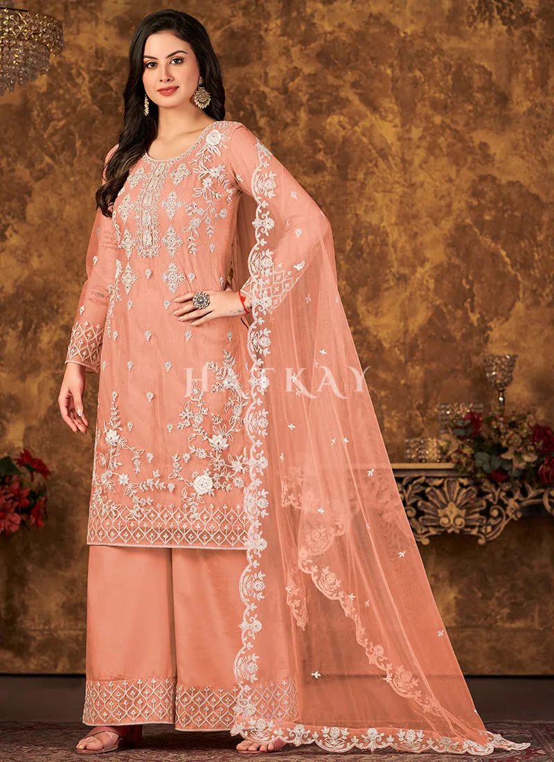 Pastel Orange Embroidered Pakistani Palazzo Suit