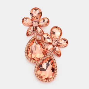 Peach Crystal Flower Stone Teardrop Dangle Pageant Earrings on Rose Gold  | Pageant Jewelry |  563243