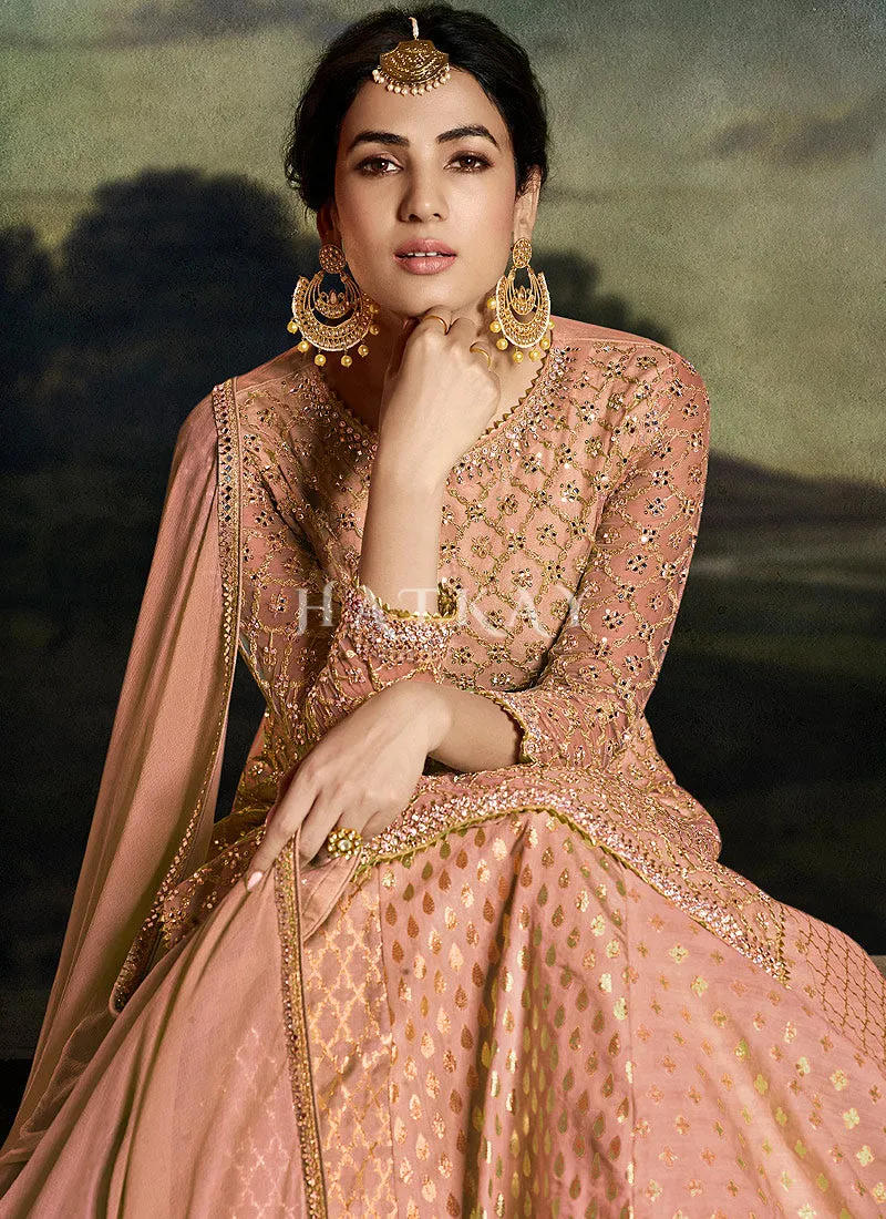 Peach Golden Embroidered Sharara Suit