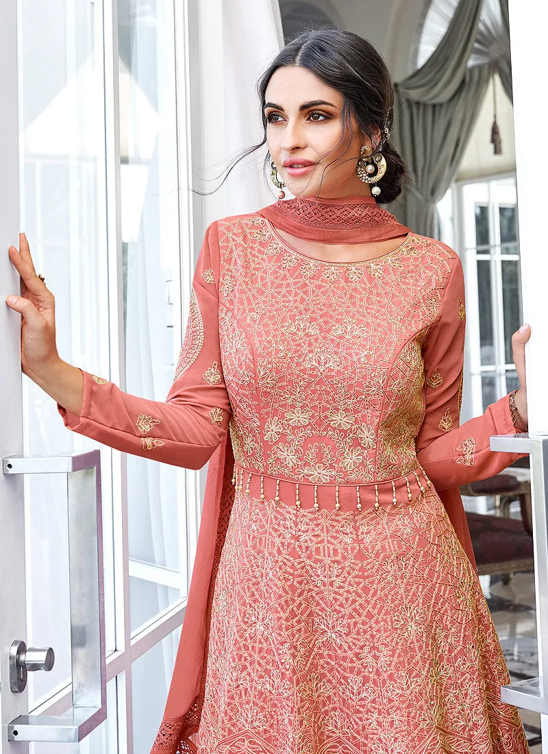Peach Lucknowi Embroidered Anarkali Suit
