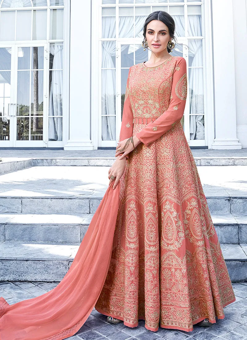 Peach Lucknowi Embroidered Anarkali Suit