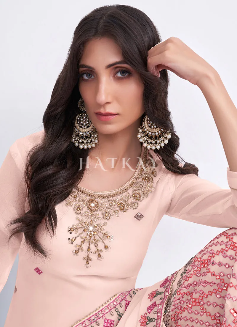 Peach Sequence Embroidery Traditional Gharara Style Suit