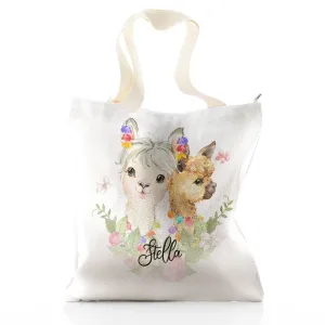 Personalised Glitter Tote Bag with Alpacas Multicolour Baubles and Cute Text