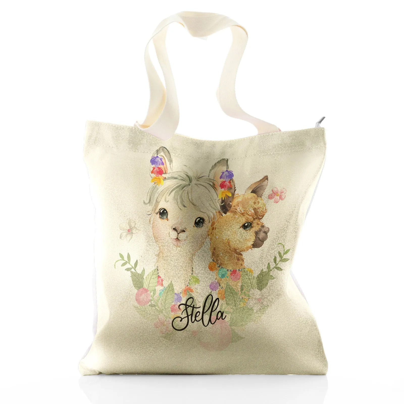 Personalised Glitter Tote Bag with Alpacas Multicolour Baubles and Cute Text
