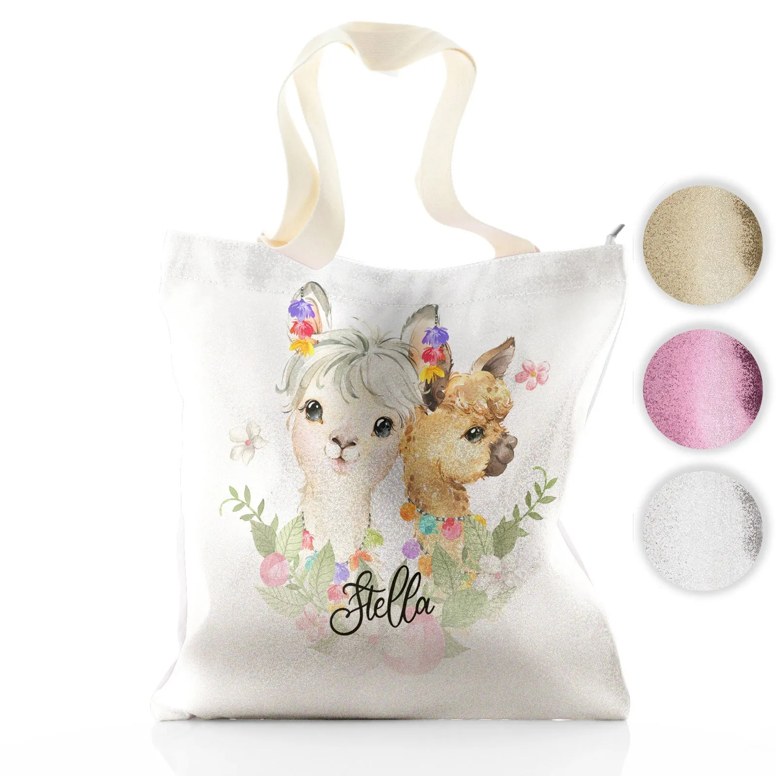 Personalised Glitter Tote Bag with Alpacas Multicolour Baubles and Cute Text