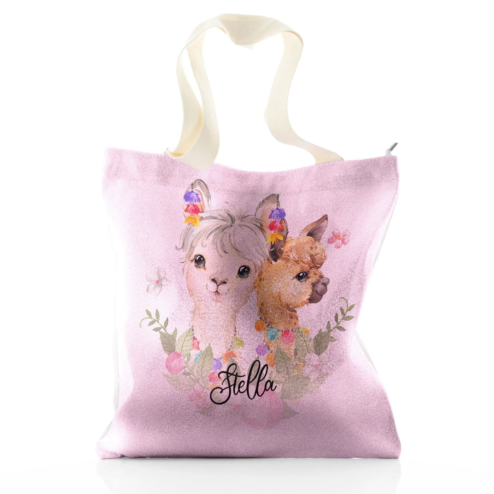 Personalised Glitter Tote Bag with Alpacas Multicolour Baubles and Cute Text