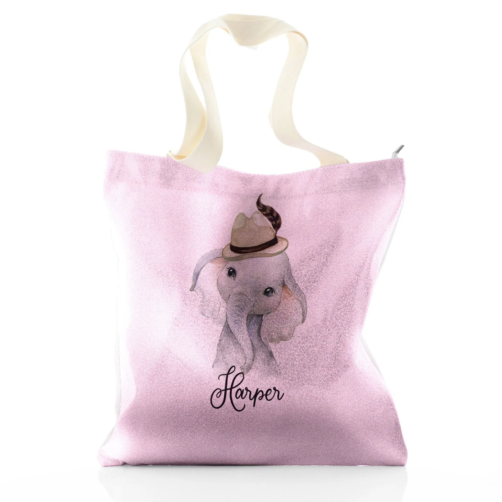 Personalised Glitter Tote Bag with Grey Elephant Feather Hat and Cute Text