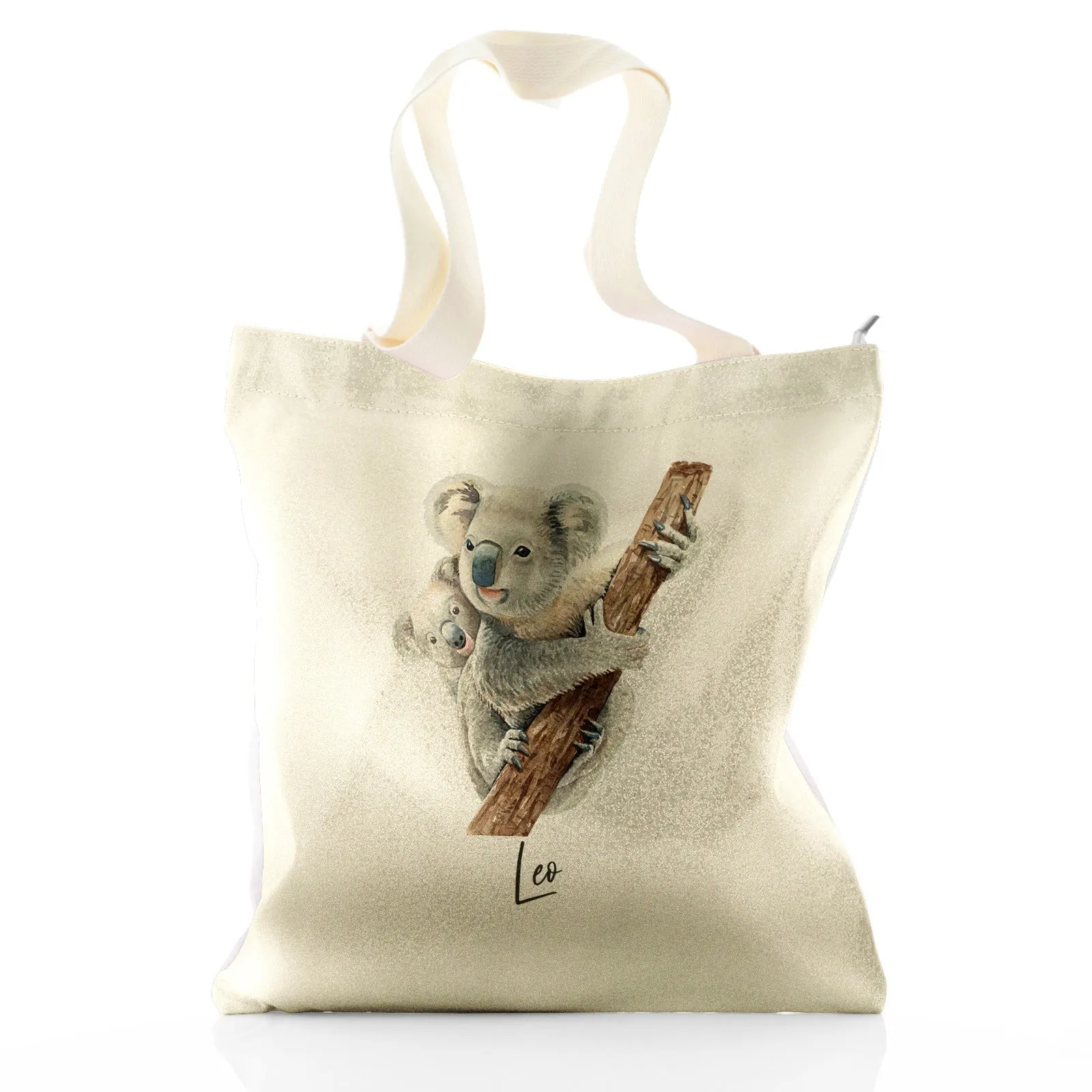 Personalised Glitter Tote Bag with Welcoming Text and Climbing Mum and Baby Koalas