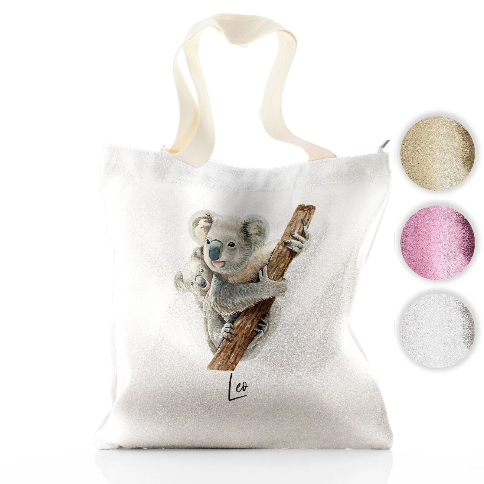Personalised Glitter Tote Bag with Welcoming Text and Climbing Mum and Baby Koalas