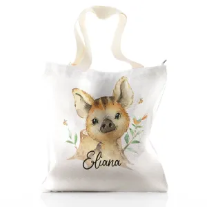 Personalised Glitter Tote Bag with Wild Boar Piglet with Bird and Bees and Cute Text