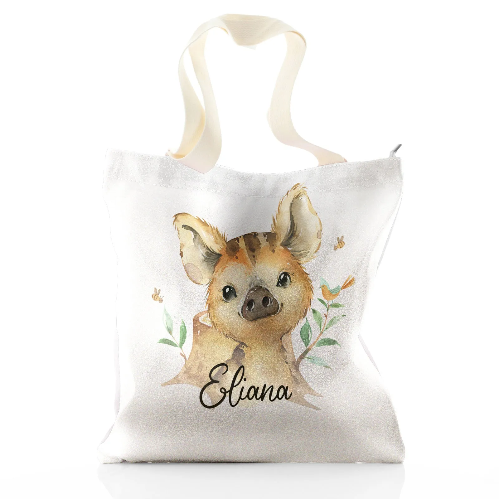 Personalised Glitter Tote Bag with Wild Boar Piglet with Bird and Bees and Cute Text