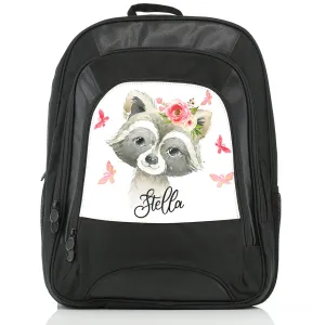 Personalised Rucksack with Raccoon Pink Butterfly Flowers and Cute Text