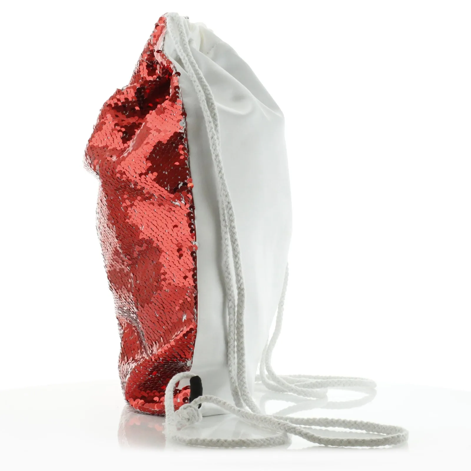 Personalised Sequin Drawstring Backpack with Rhino Red and Black Check Neck and Cute Text