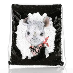 Personalised Sequin Drawstring Backpack with Rhino Red and Black Check Neck and Cute Text