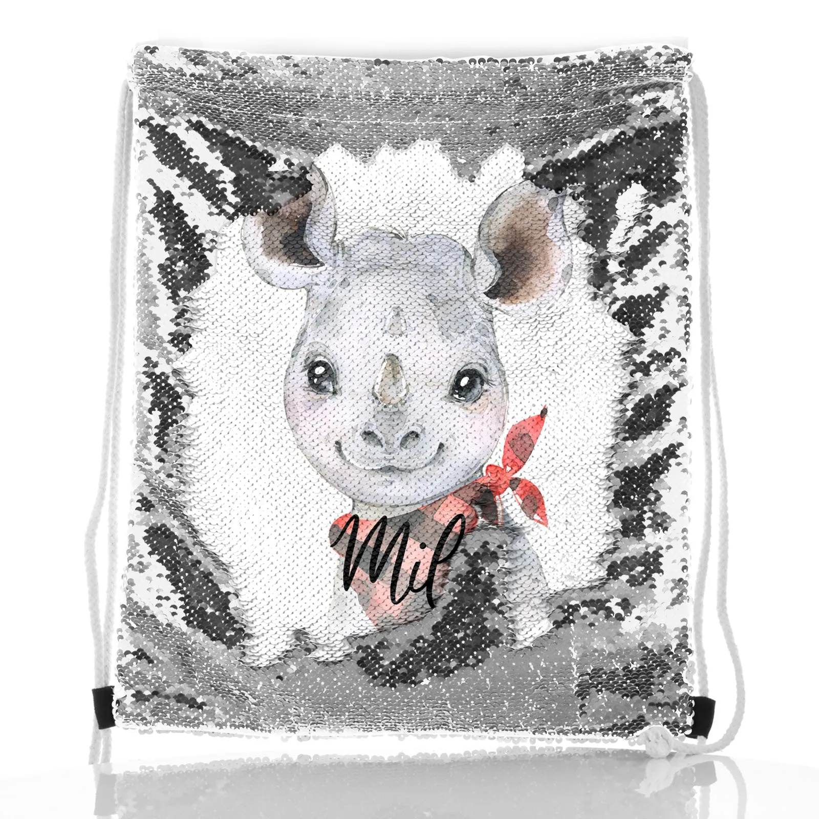 Personalised Sequin Drawstring Backpack with Rhino Red and Black Check Neck and Cute Text