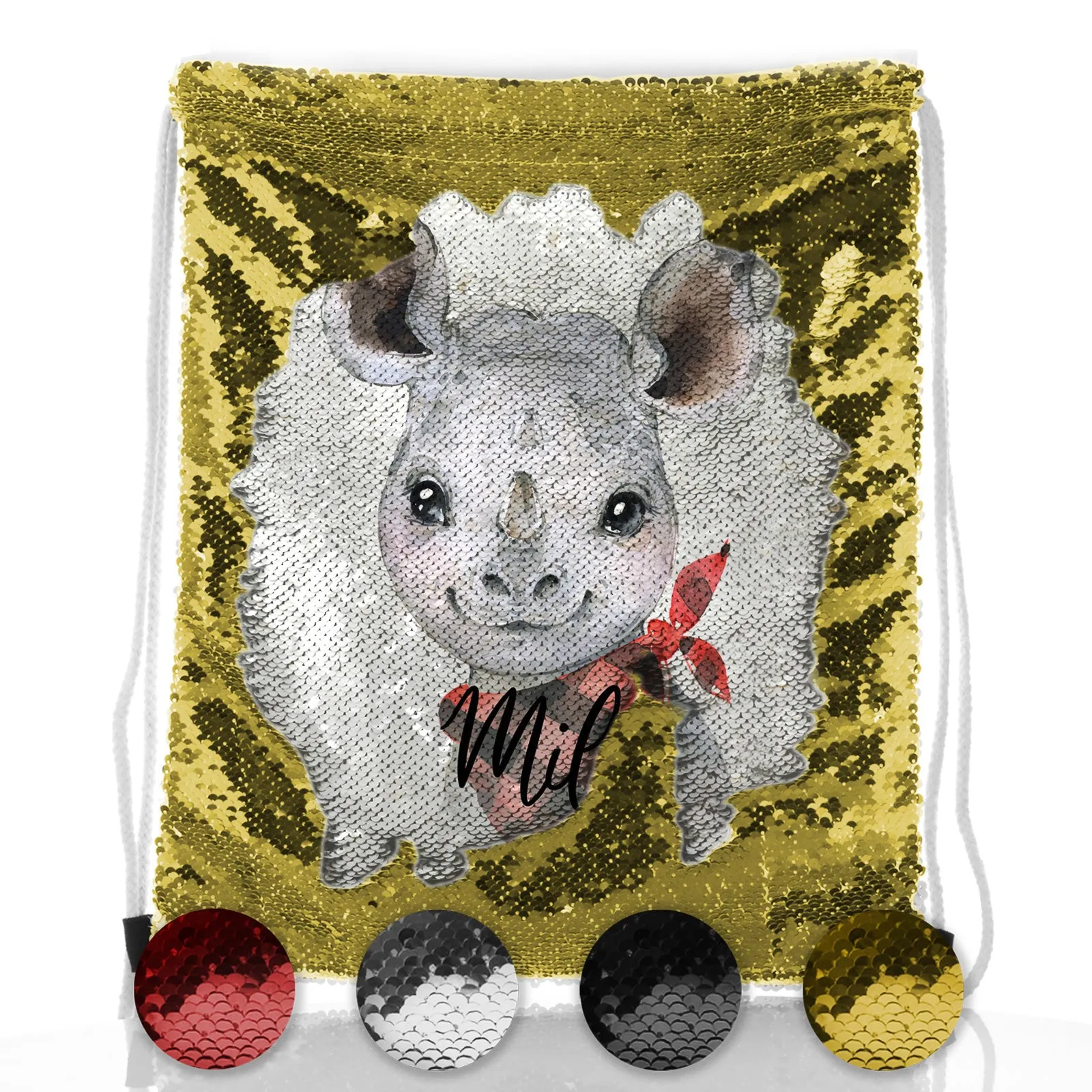 Personalised Sequin Drawstring Backpack with Rhino Red and Black Check Neck and Cute Text