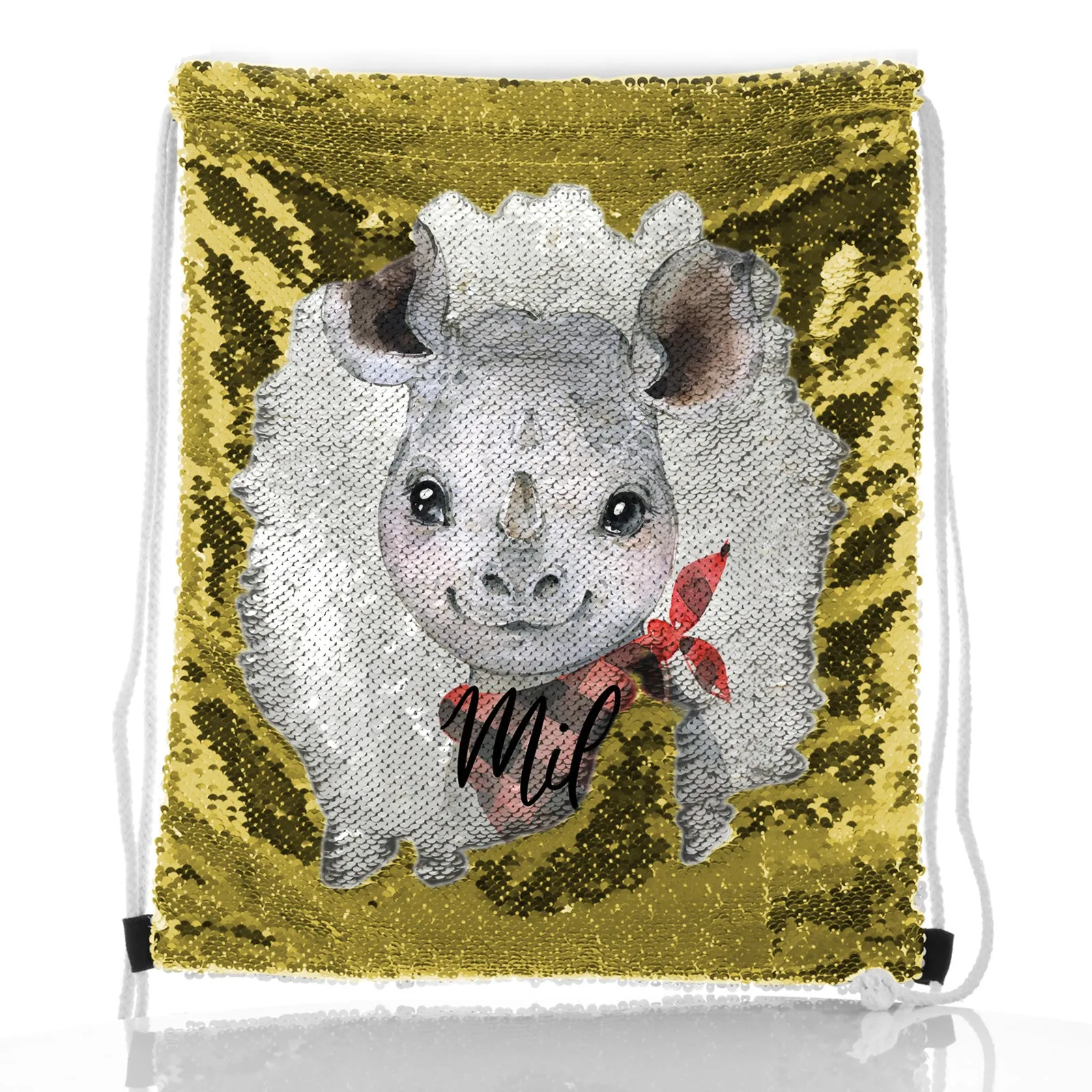 Personalised Sequin Drawstring Backpack with Rhino Red and Black Check Neck and Cute Text