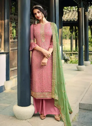 Pink And Green Embroidered Palazzo Suit