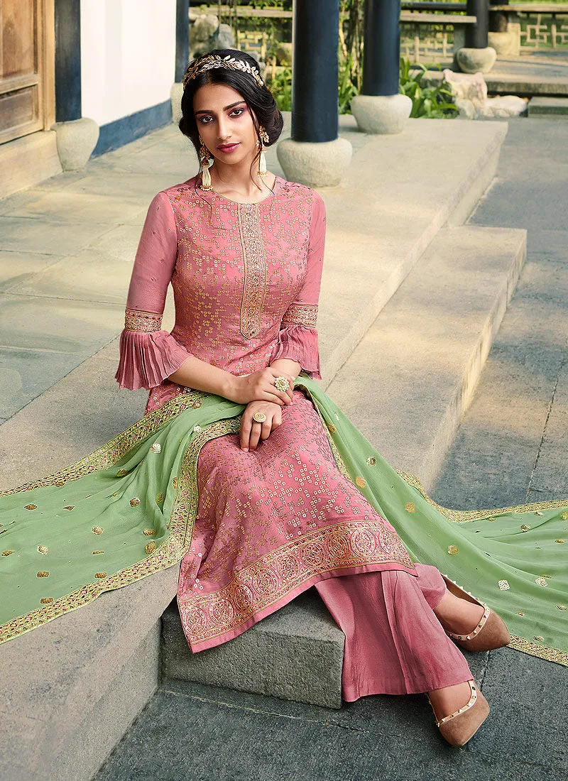 Pink And Green Embroidered Palazzo Suit