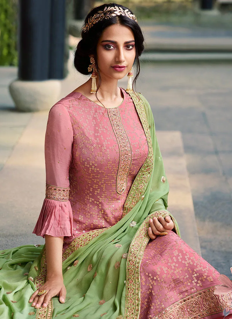 Pink And Green Embroidered Palazzo Suit