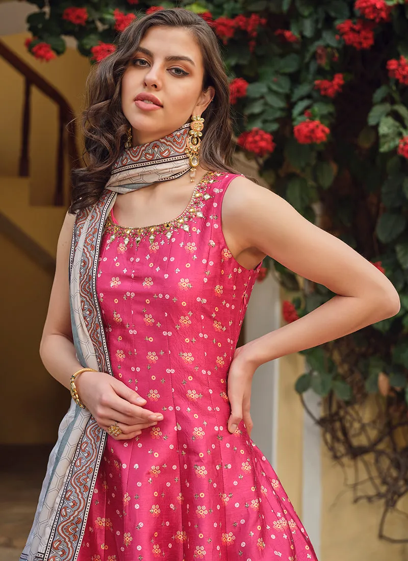 Pink And Grey Khatli Embroidered Traditional Anarkali Gown