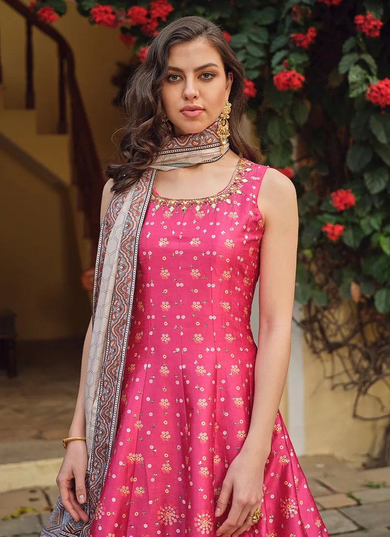 Pink And Grey Khatli Embroidered Traditional Anarkali Gown