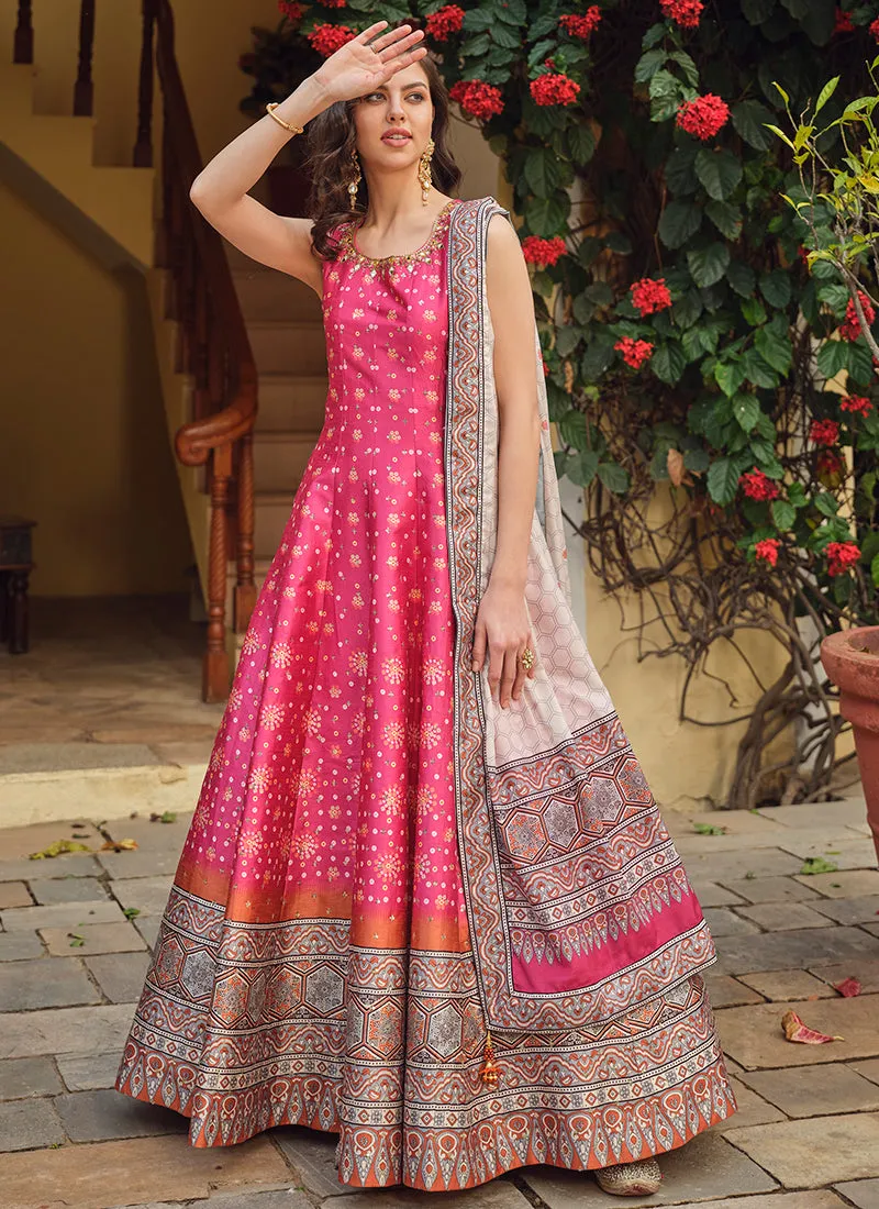 Pink And Grey Khatli Embroidered Traditional Anarkali Gown