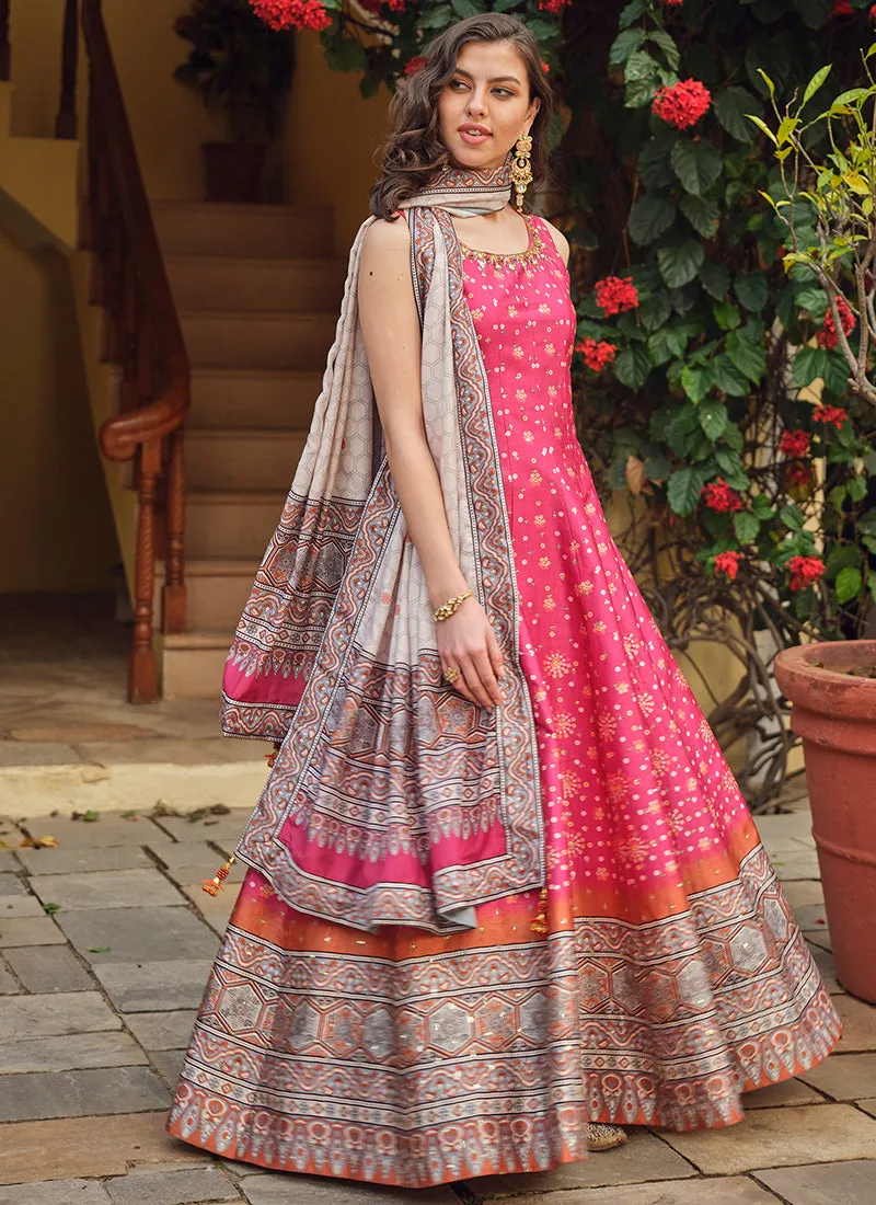Pink And Grey Khatli Embroidered Traditional Anarkali Gown