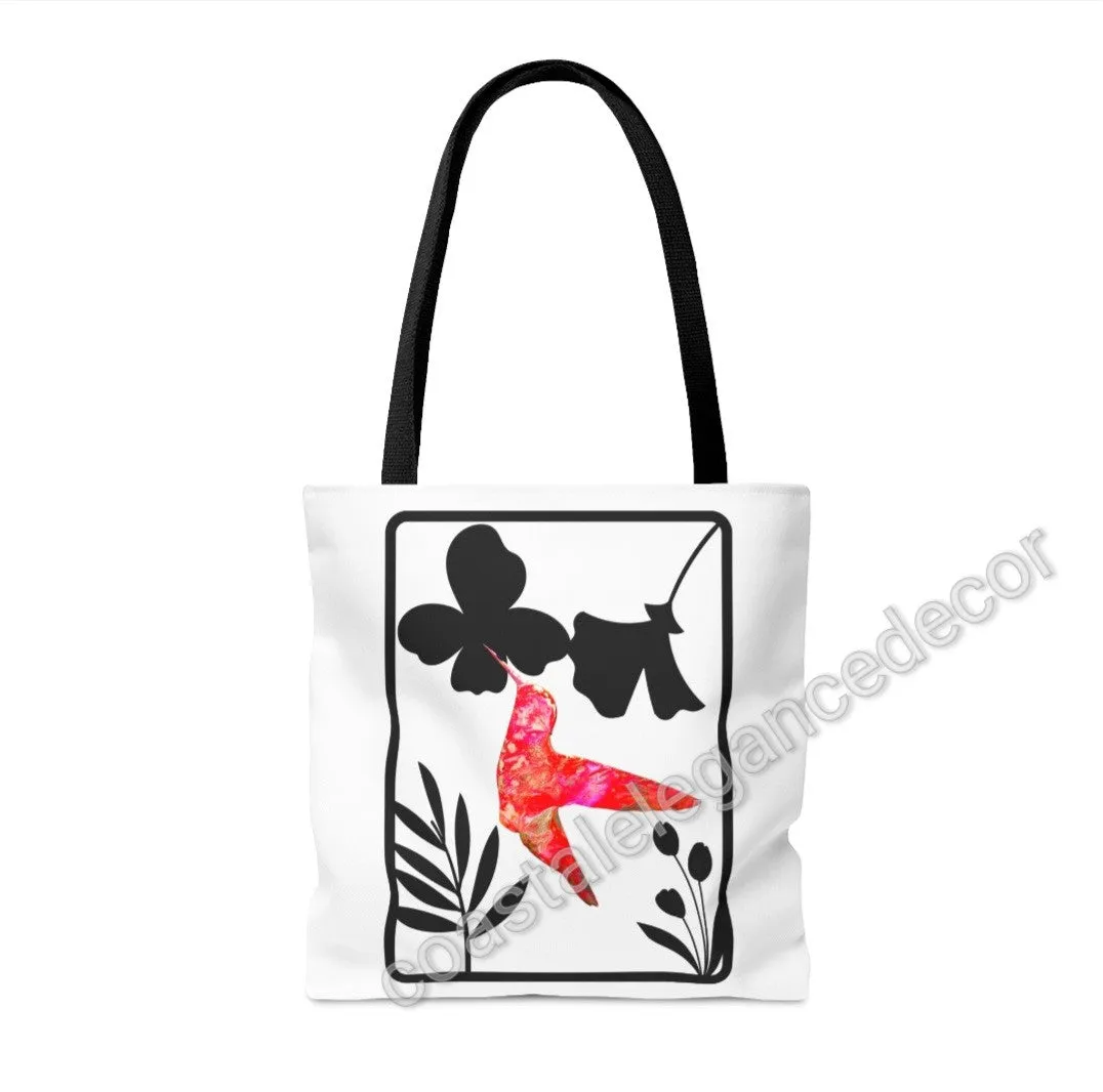 Pink and Orange Hummingbird with Modern Black Flowers Tote Bag 2 sizes