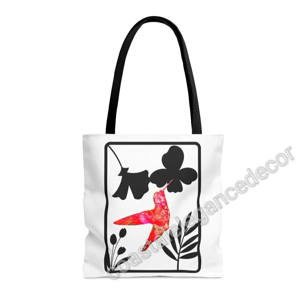 Pink and Orange Hummingbird with Modern Black Flowers Tote Bag 2 sizes