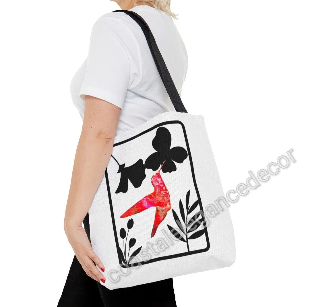 Pink and Orange Hummingbird with Modern Black Flowers Tote Bag 2 sizes