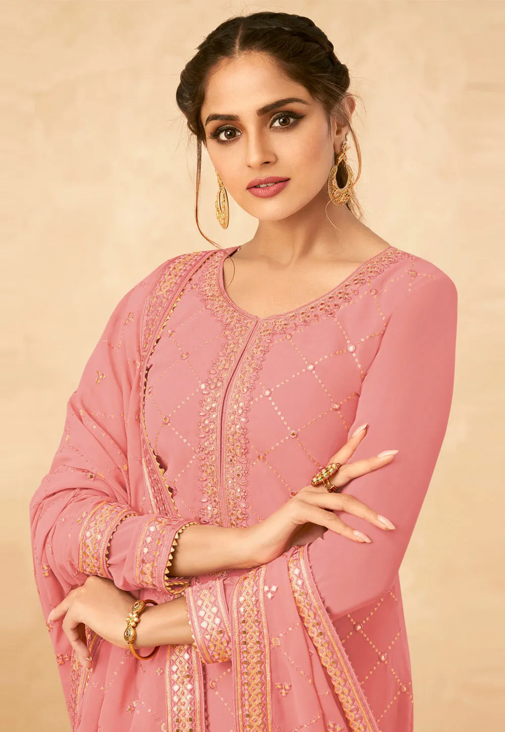 Pink Golden Embroidered Palazzo Suit