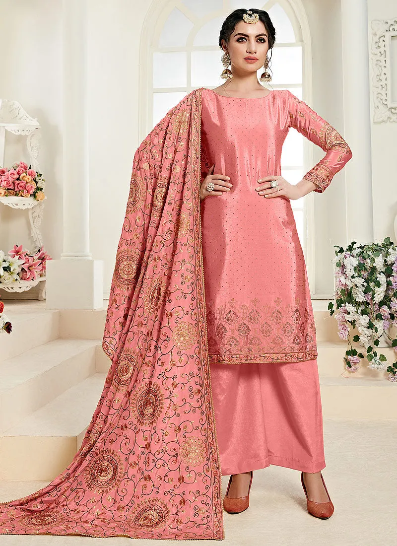 Pink Golden Traditional Embroidered Palazzo Suit