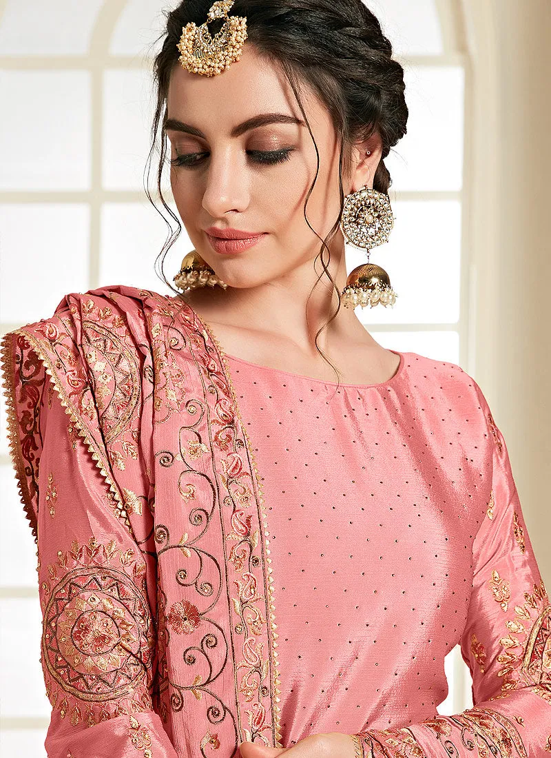Pink Golden Traditional Embroidered Palazzo Suit
