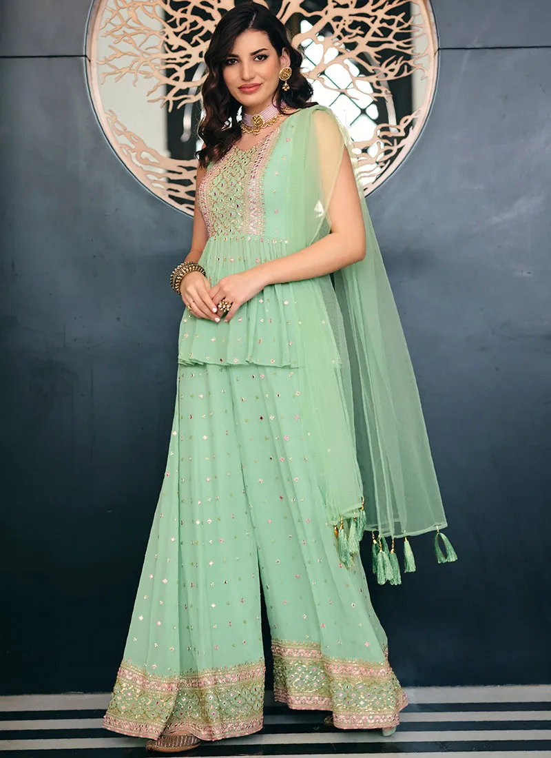 Pista Green Zari And Badla Embroidered Gharara Style Suit