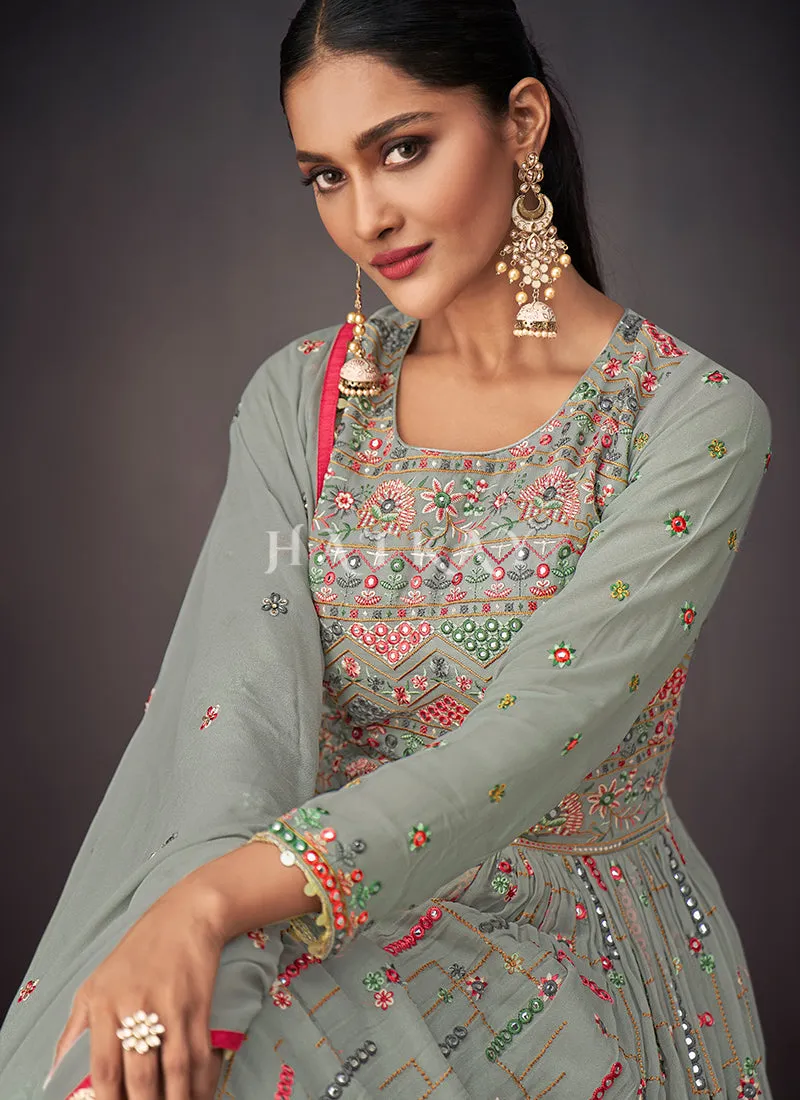 Powder Green Peplum Style Anarkali Lehenga