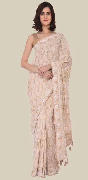Pure Georgette Peach Chikankari Sarees