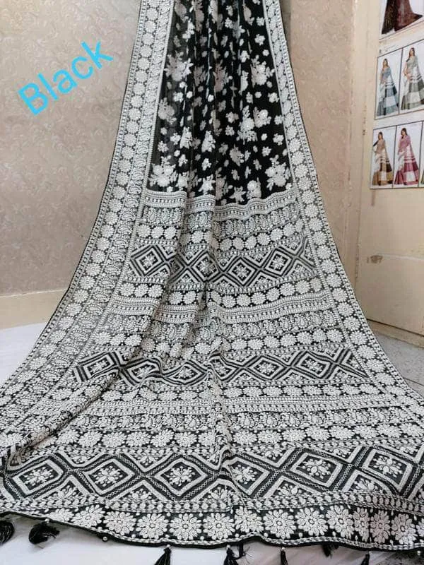 Pure Georgette with Original Lucknowi Chiken Saree