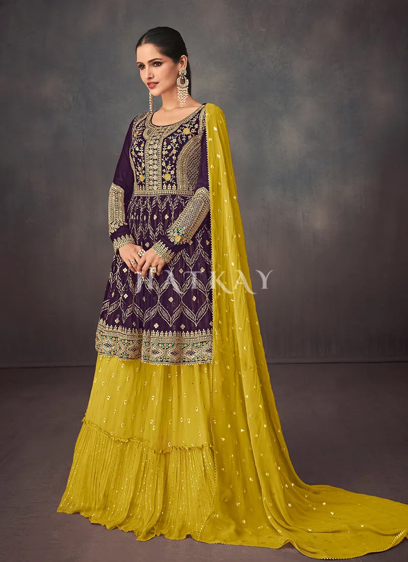 Purple And Yellow Peplum Style Anarkali Lehenga