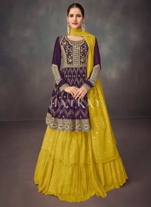 Purple And Yellow Peplum Style Anarkali Lehenga