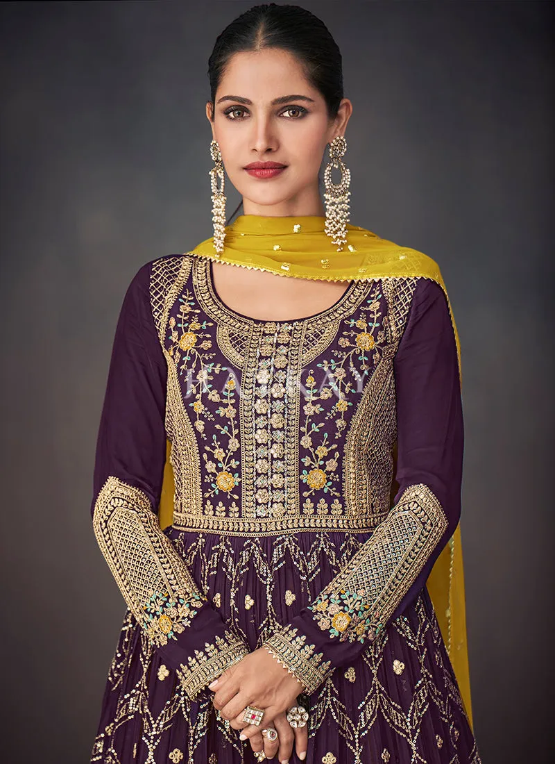 Purple And Yellow Peplum Style Anarkali Lehenga